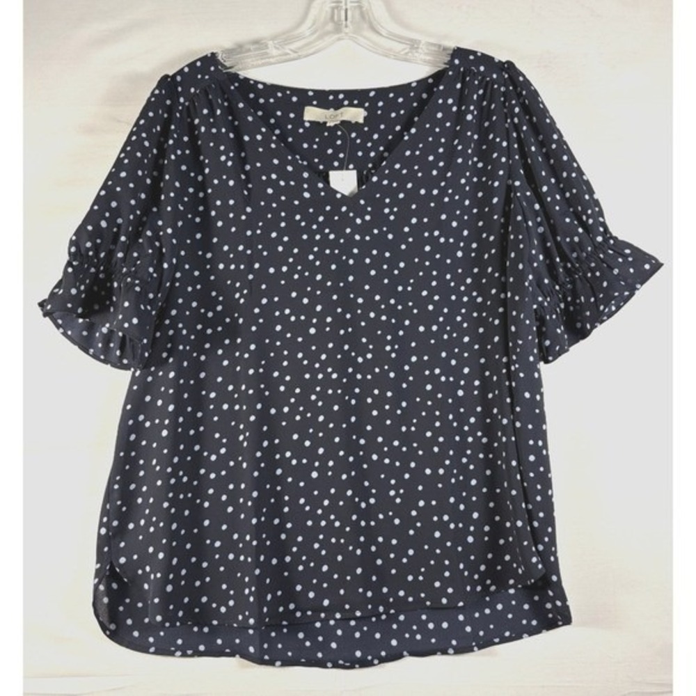 LOFT Womens Blue Polka Dot Short Sleeve Ruffle  V Neck Blouse Small NWT